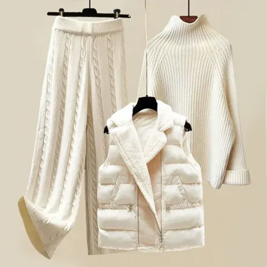 Ensemble 3 Pièces d'Hiver Femme Style Décontracté avec Pull, Pantalon et Veste Sans Manches