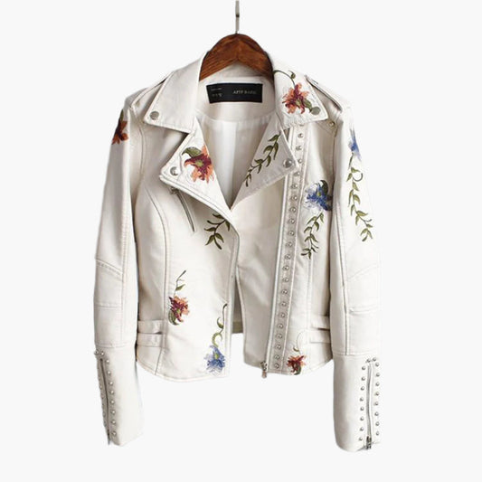 Veste Motard Femme Style Biker Élégant avec Broderie Florale