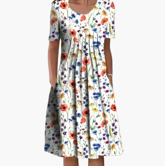 Vestito estivo donna taglio midi con stampa floreale, stile informale ed elegante per occasioni estive