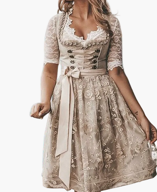Dirndl tradizionale donna stile Oktoberfest con corpetto a lacci e camicetta in pizzo – Vestito folcloristico elegante per feste e sagre a tema