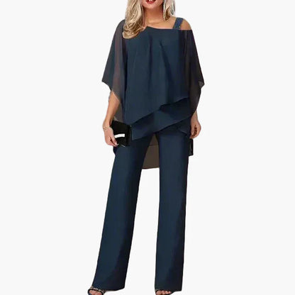 Elegant Casual Chic Women's Set – Two-Piece Outfit with Asymmetrical Top and Wide Pants for Office and Outings