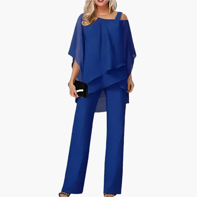 Ensemble Femme Élégant Moderne – Pantalon Large et Haut Asymétrique, Idéal Soirée et Cérémonie