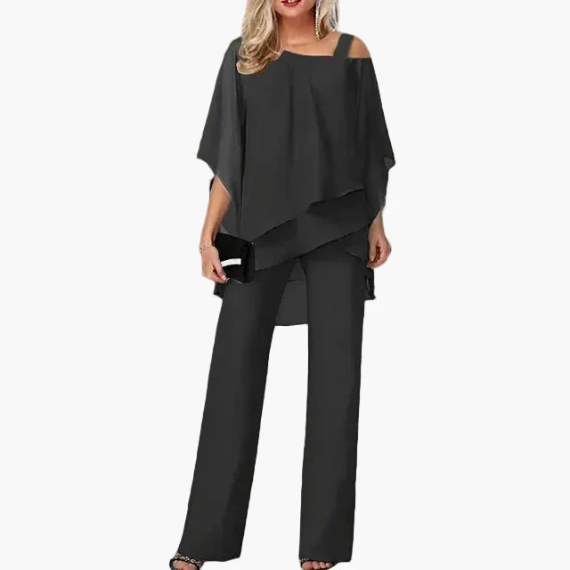 Elegant Casual Chic Women's Set – Two-Piece Outfit with Asymmetrical Top and Wide Pants for Office and Outings