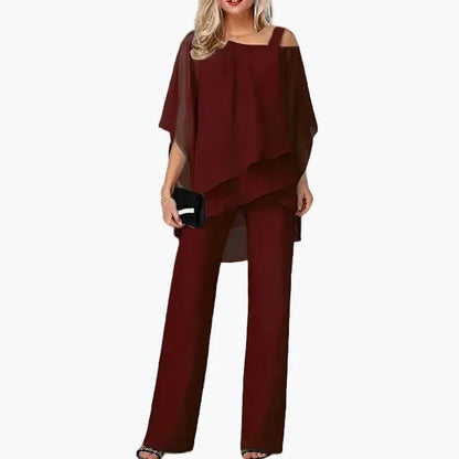 Elegant Casual Chic Women's Set – Two-Piece Outfit with Asymmetrical Top and Wide Pants for Office and Outings