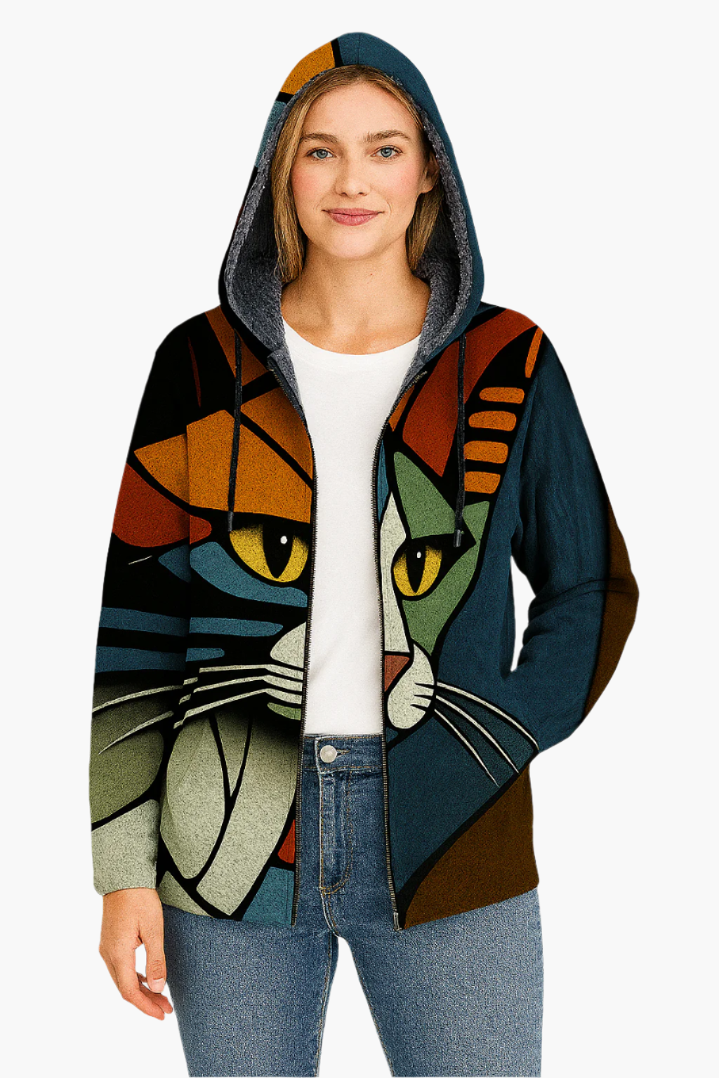 Veste à Capuche Femme Style Artistique Motif Chat Graphique – Mode Décontractée et Originale