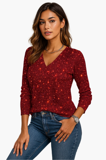 Pull Femme Élégant à Paillettes Col V Style Chic pour Soirée ou Occasion Spéciale