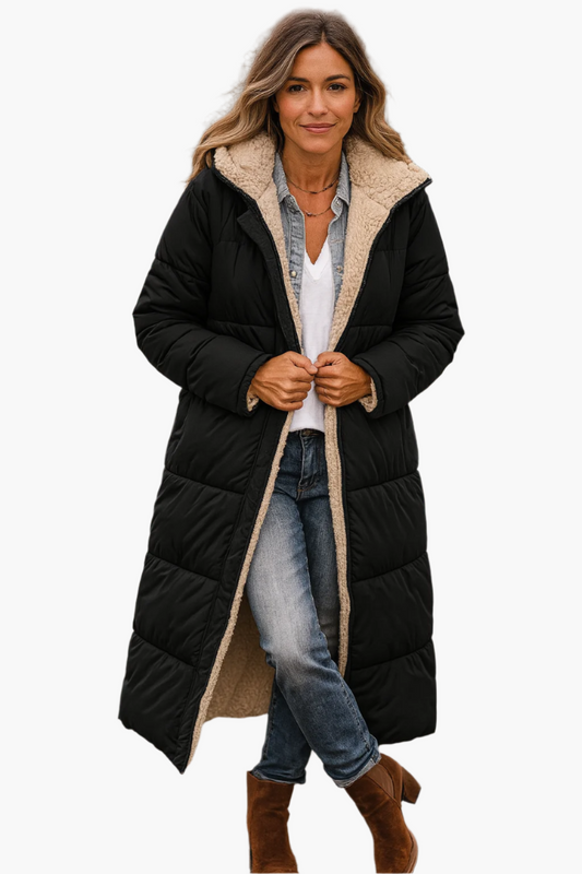Manteau long d'hiver femme style doudoune réversible à capuche avec doublure peluche, chic et chaud, idéal pour temps froid