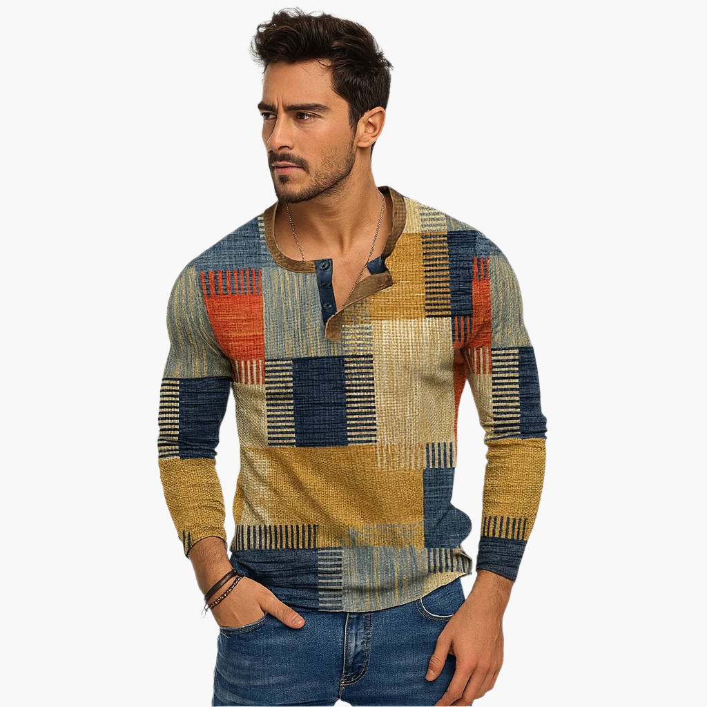 Pull Henley Homme Style Patchwork Moderne pour Automne et Hiver