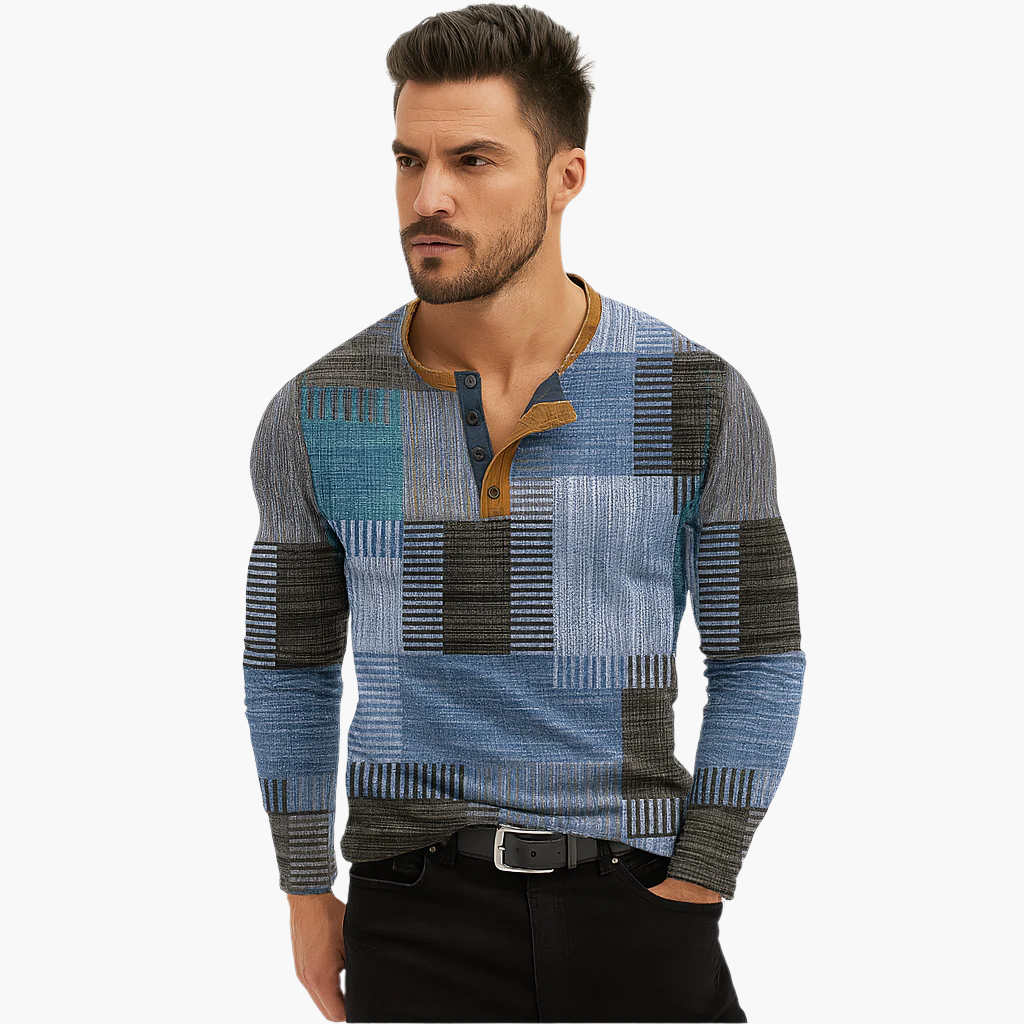 Pull Henley Homme Style Patchwork Moderne pour Automne et Hiver