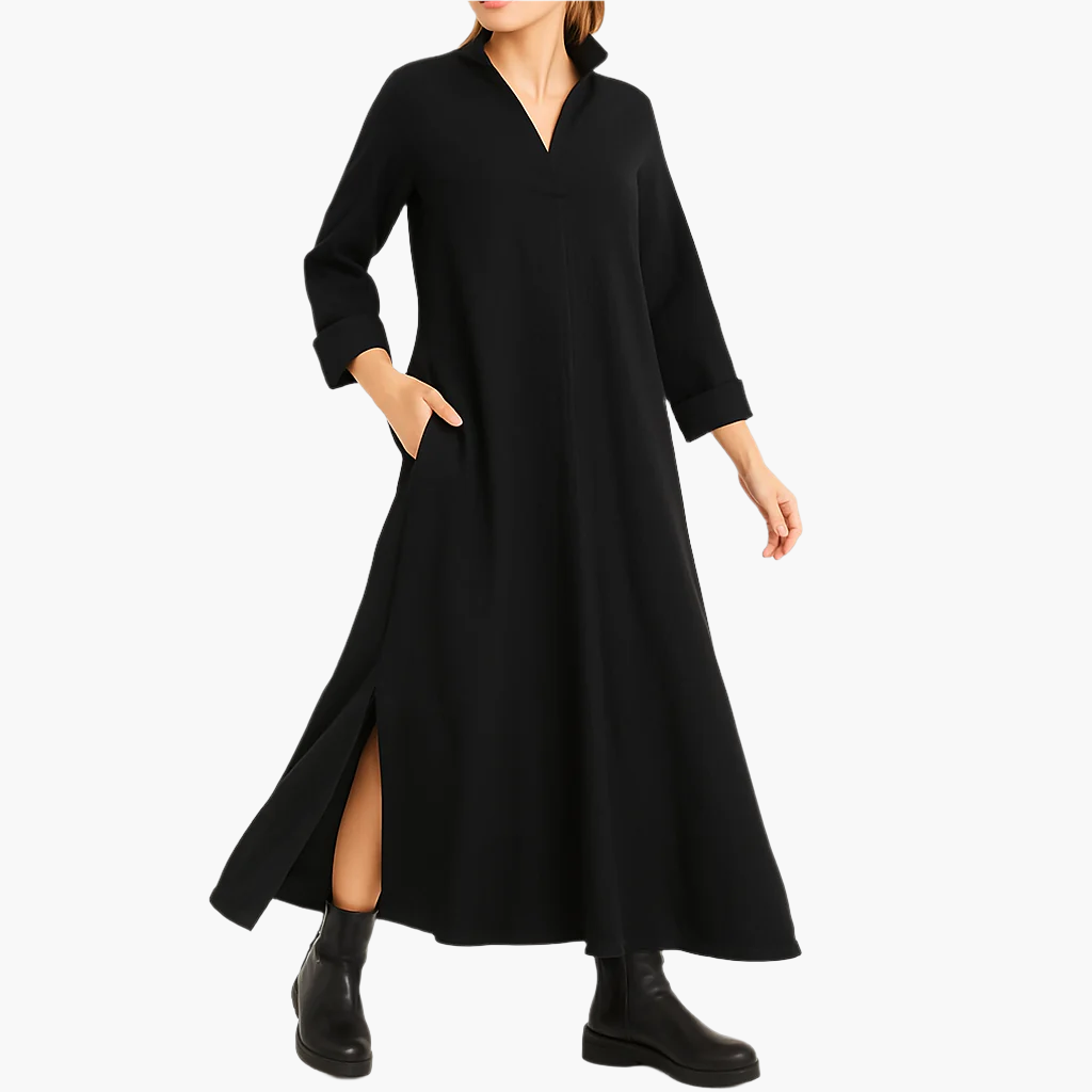 Robe longue ample décontractée chic pour femme – Style urbain polyvalent, manches longues, col en V, poches pratiques