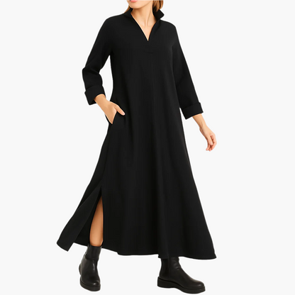 Robe longue ample décontractée chic pour femme – Style urbain polyvalent, manches longues, col en V, poches pratiques