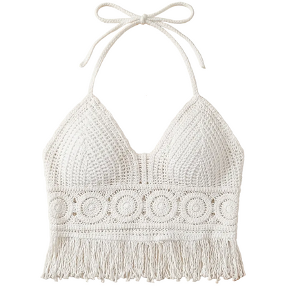 Top Femme Boheme Stil med Frynser til Sommer – Hæklet Rygfri Festivaltop