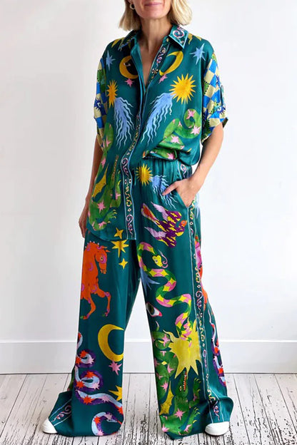 Chemisier Oversize à Boutons en Mélange de Lin avec Imprimé Unique