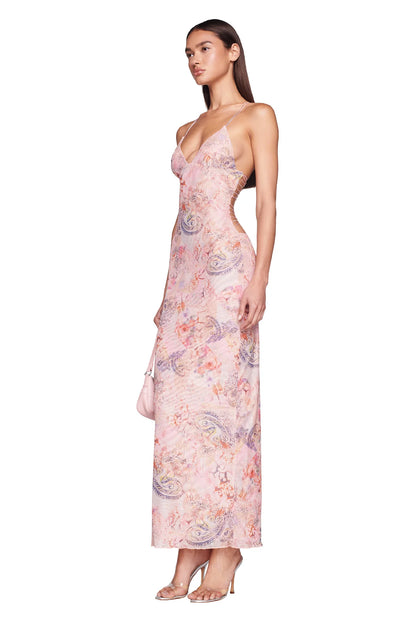 Robe Imprimée Dos Nu avec Col Papillon