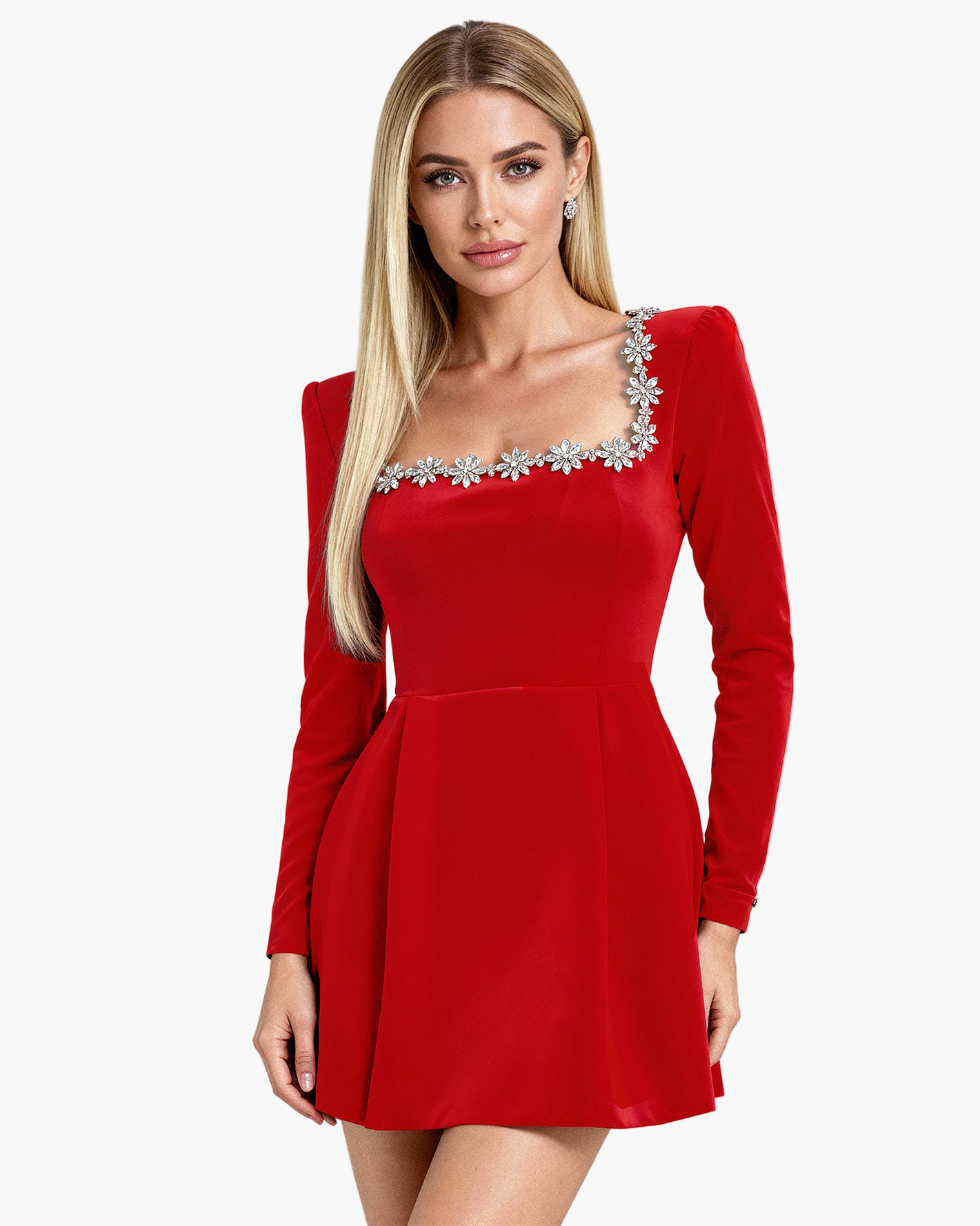 Robe de soirée femme style cocktail, élégante, manches longues, col carré orné de cristaux, idéale pour fêtes et occasions spéciales