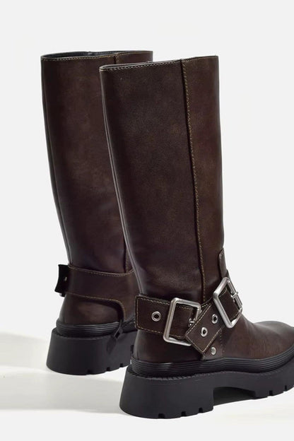 Bottes mi-hautes femme style motard à boucle – Look rétro et pratique pour l'automne et l'hiver