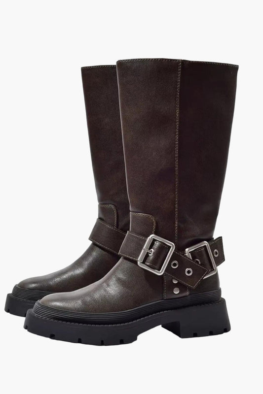 Bottes mi-hautes femme style motard à boucle – Look rétro et pratique pour l'automne et l'hiver
