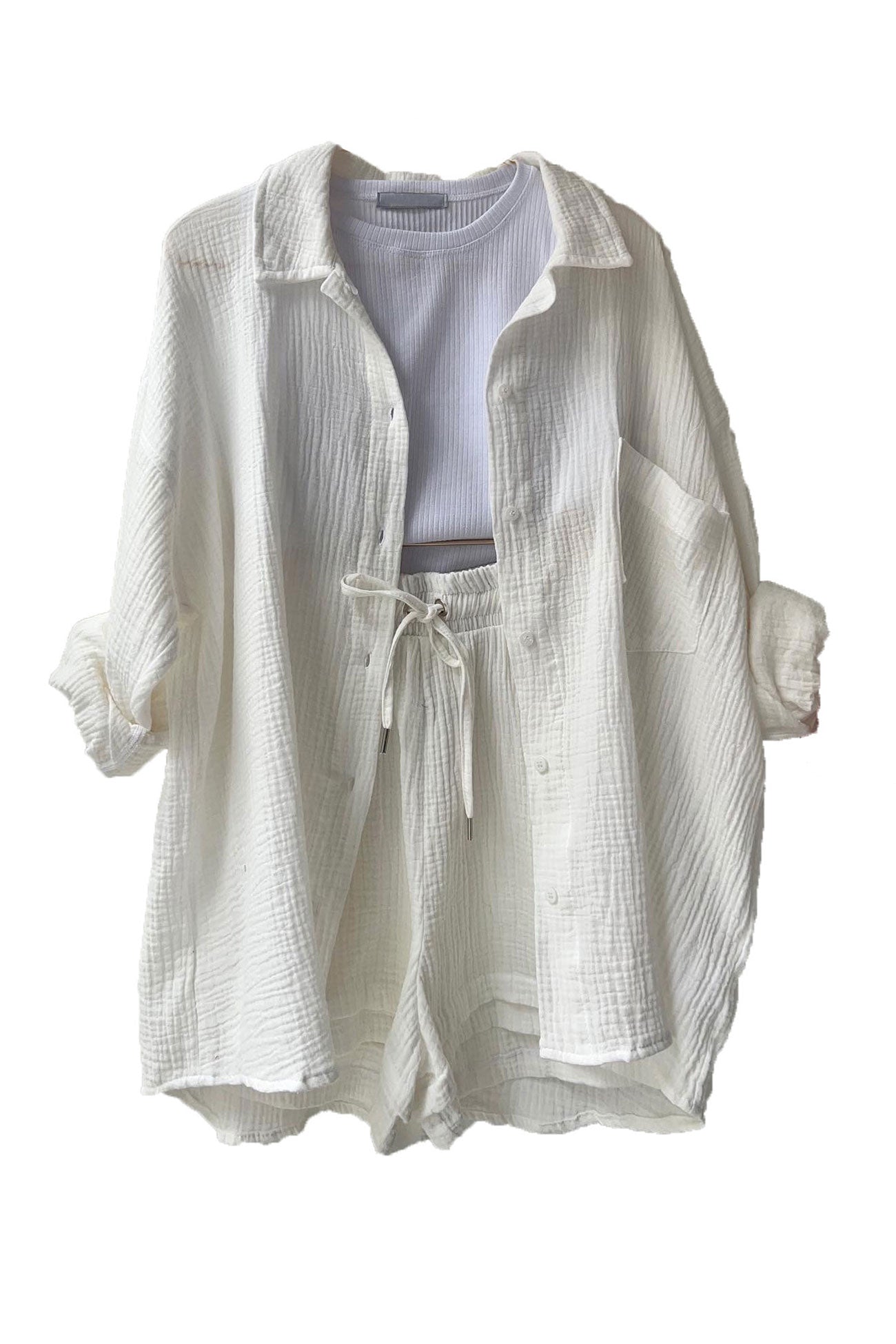 Ensemble Short et Chemise à Manches Longues de Couleur Unie