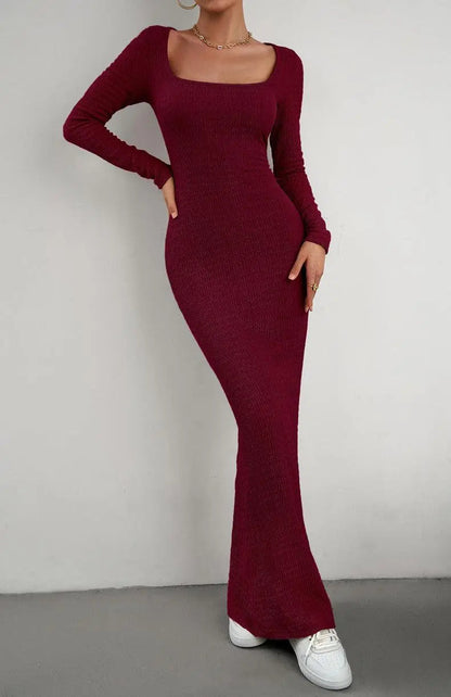 Robe Maxi Bodycon à Manches Longues et Encolure Carrée