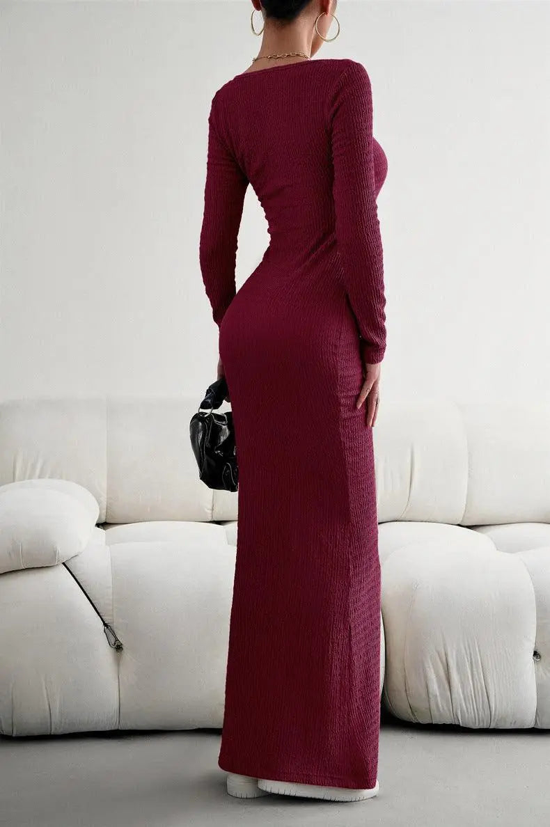 Robe Maxi Bodycon à Manches Longues et Encolure Carrée