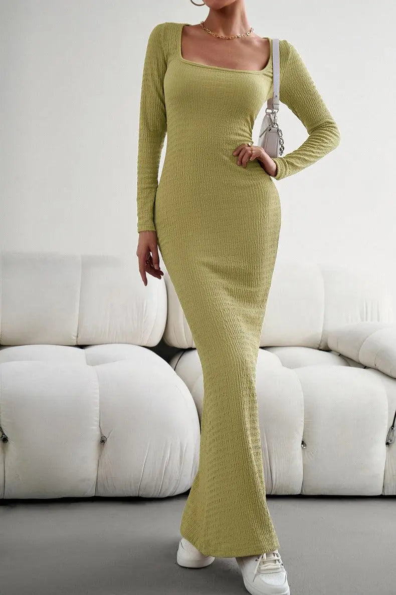 Robe Maxi Bodycon à Manches Longues et Encolure Carrée