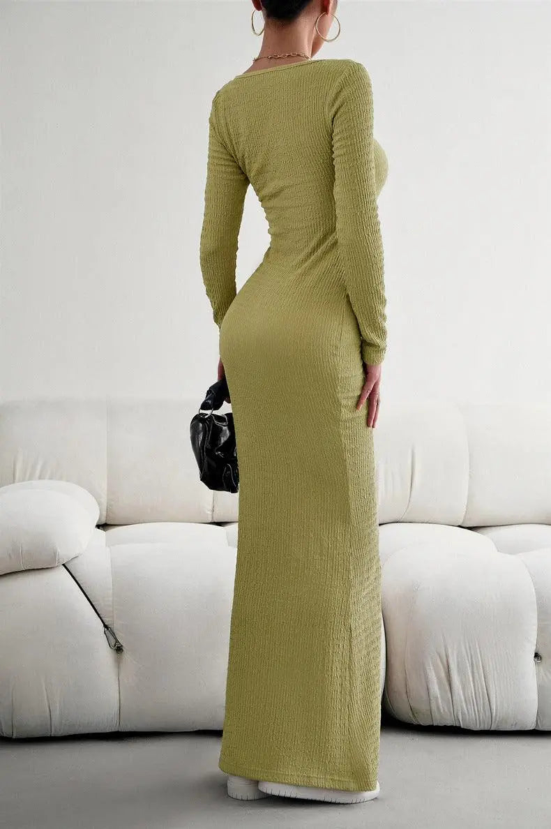 Robe Maxi Bodycon à Manches Longues et Encolure Carrée