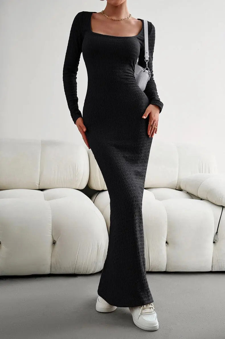 Robe Maxi Bodycon à Manches Longues et Encolure Carrée