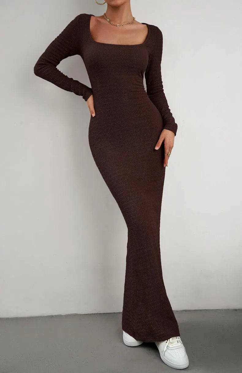 Robe Maxi Bodycon à Manches Longues et Encolure Carrée