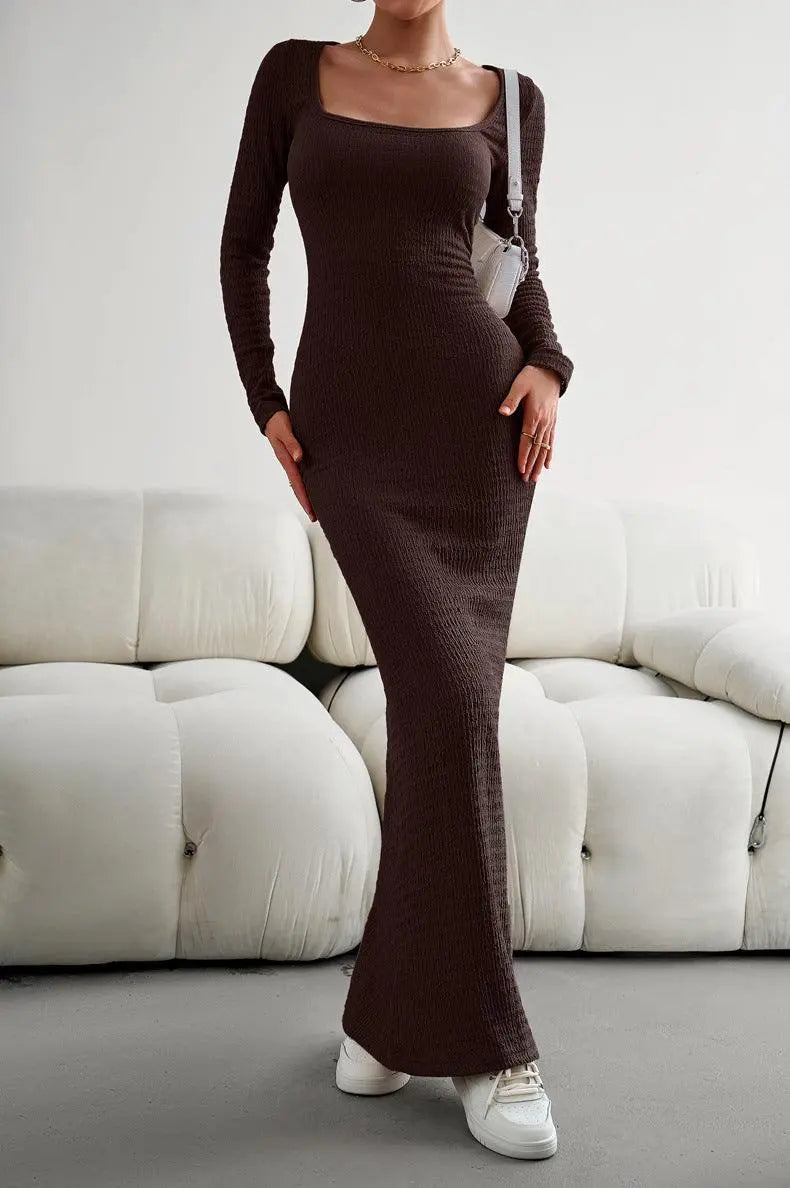 Robe Maxi Bodycon à Manches Longues et Encolure Carrée