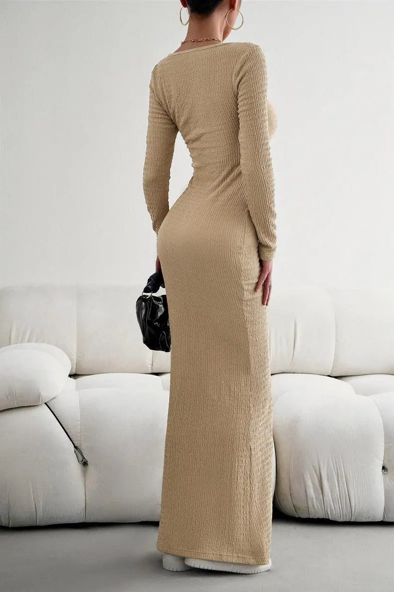 Robe Maxi Bodycon à Manches Longues et Encolure Carrée