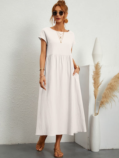 Élégante Robe Midi avec Poche à la Taille et Encolure Ronde