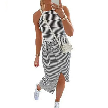 Robe Midi Décontractée à Rayures et Sans Manches