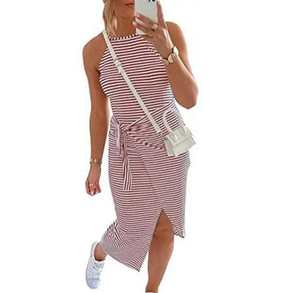 Robe Midi Décontractée à Rayures et Sans Manches