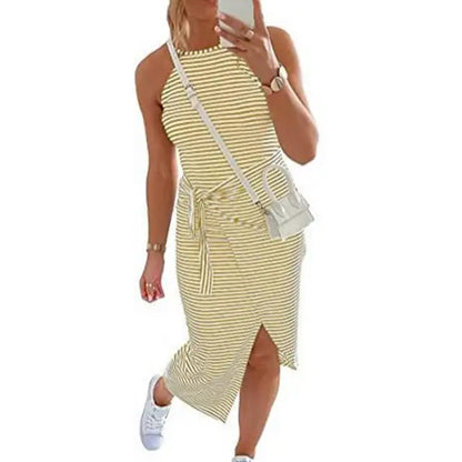 Robe Midi Décontractée à Rayures et Sans Manches
