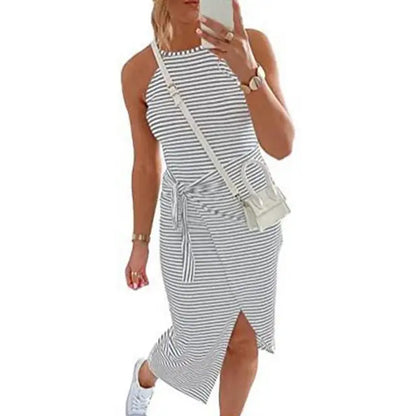 Robe Midi Décontractée à Rayures et Sans Manches