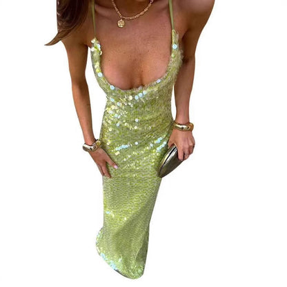 Chelsea – Robe Longue Sans Dos à Bretelles avec Sequins