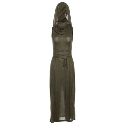 Robe Maxi à Col Bénitier, Sans Manches, Fendue et Creuse, à Capuche
