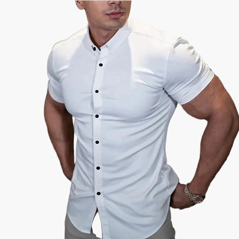 Chemise ajustée à manches courtes style moderne pour homme – Élégance polyvalente et allure athlétique