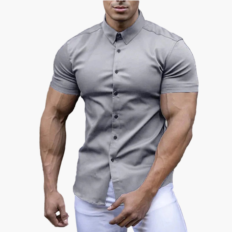 Chemise ajustée à manches courtes style moderne pour homme – Élégance polyvalente et allure athlétique