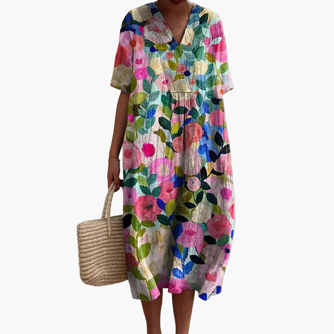 Abito estivo ampio con motivo floreale per donna, stile informale ed elegante