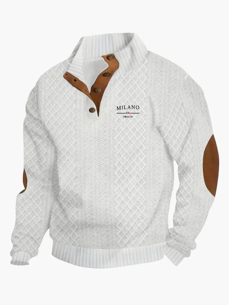 Sweat-shirt homme style vintage Milano Italia avec col boutonné et coudières – Mode décontractée élégante