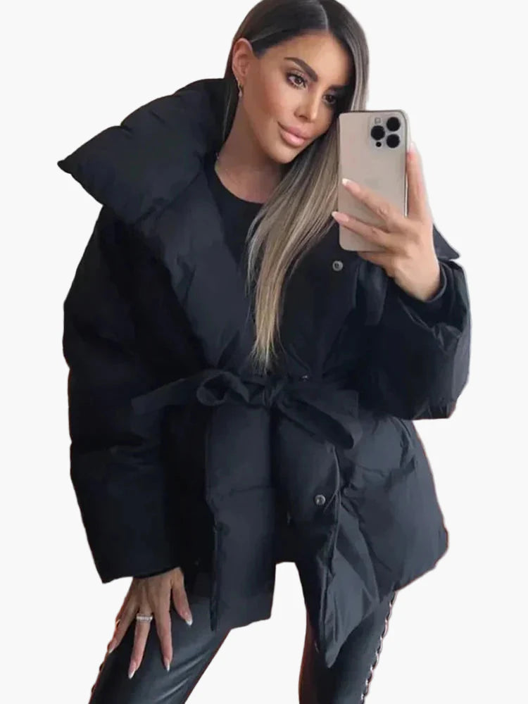 Manteau d'Hiver Femme Style Urbain Élégant avec Ceinture et Col Large