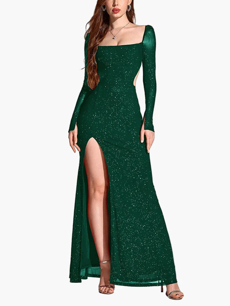 Robe de soirée élégante fendue à manches longues pour femme, style gala et événement
