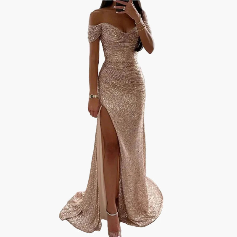 Robe de soirée longue femme fendue épaules dénudées style glamour pour bal ou cérémonie