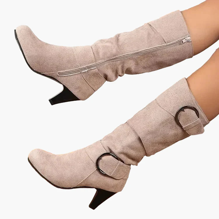 Bottes à talon mi-mollet femme style chic avec boucle – Idéales pour l'automne et l'hiver