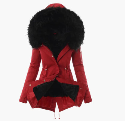 Manteau d'hiver femme élégant à capuche large fourrée style urbain chaud