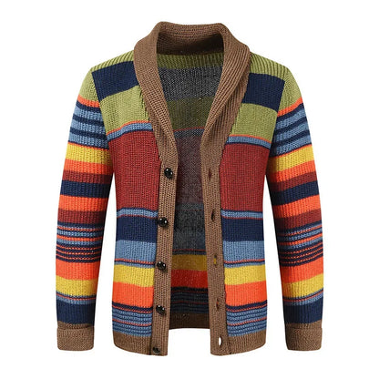 Stanley – Cardigan à Rayures Multicolores pour Homme – Tricot Rétro avec Col en V et Fermeture à Boutons