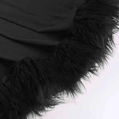 Ailani - Mini Robe Asymétrique Bordée de Plumes - Noir