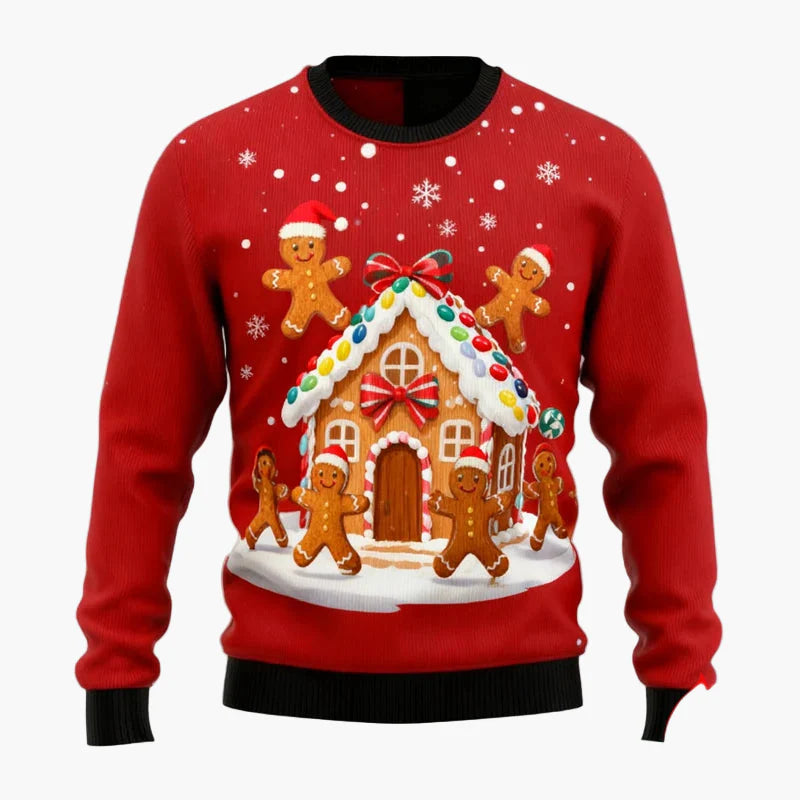 Pull de Noël homme style fun avec motifs pain d'épices et décorations festives pour fêtes