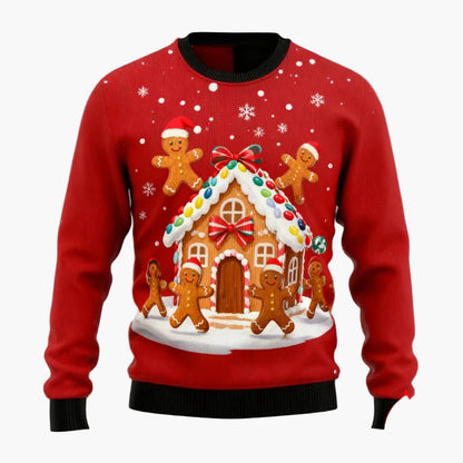 Pull de Noël homme style fun avec motifs pain d'épices et décorations festives pour fêtes